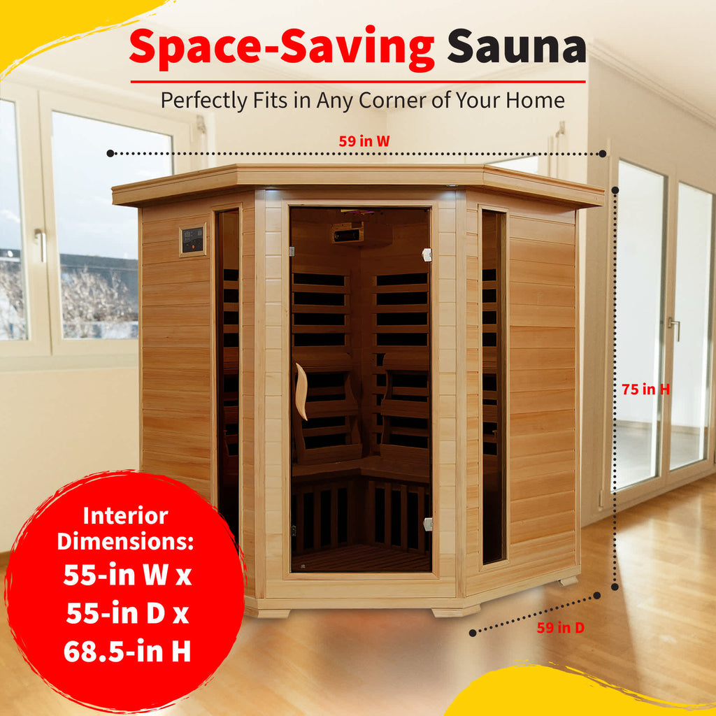 Tucson 4-Person Hemlock Corner Infrared Sauna w/ 10 Carbon Heaters