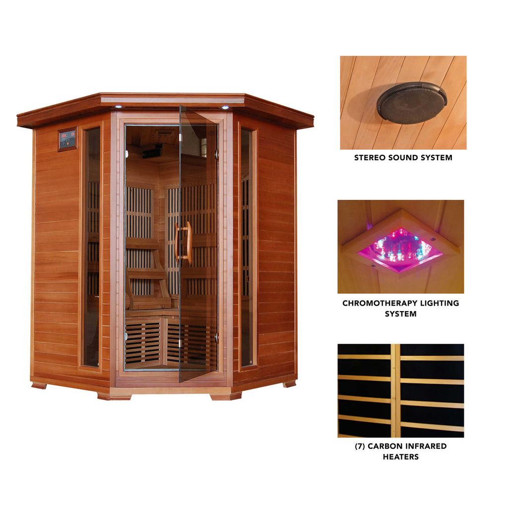 Hudson Bay 3-Person Cedar Corner Infrared Sauna w/ 7 Carbon Heaters
