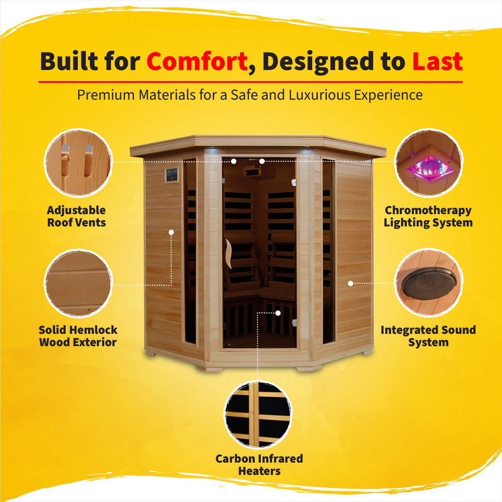 Tucson 4-Person Hemlock Corner Infrared Sauna w/ 10 Carbon Heaters