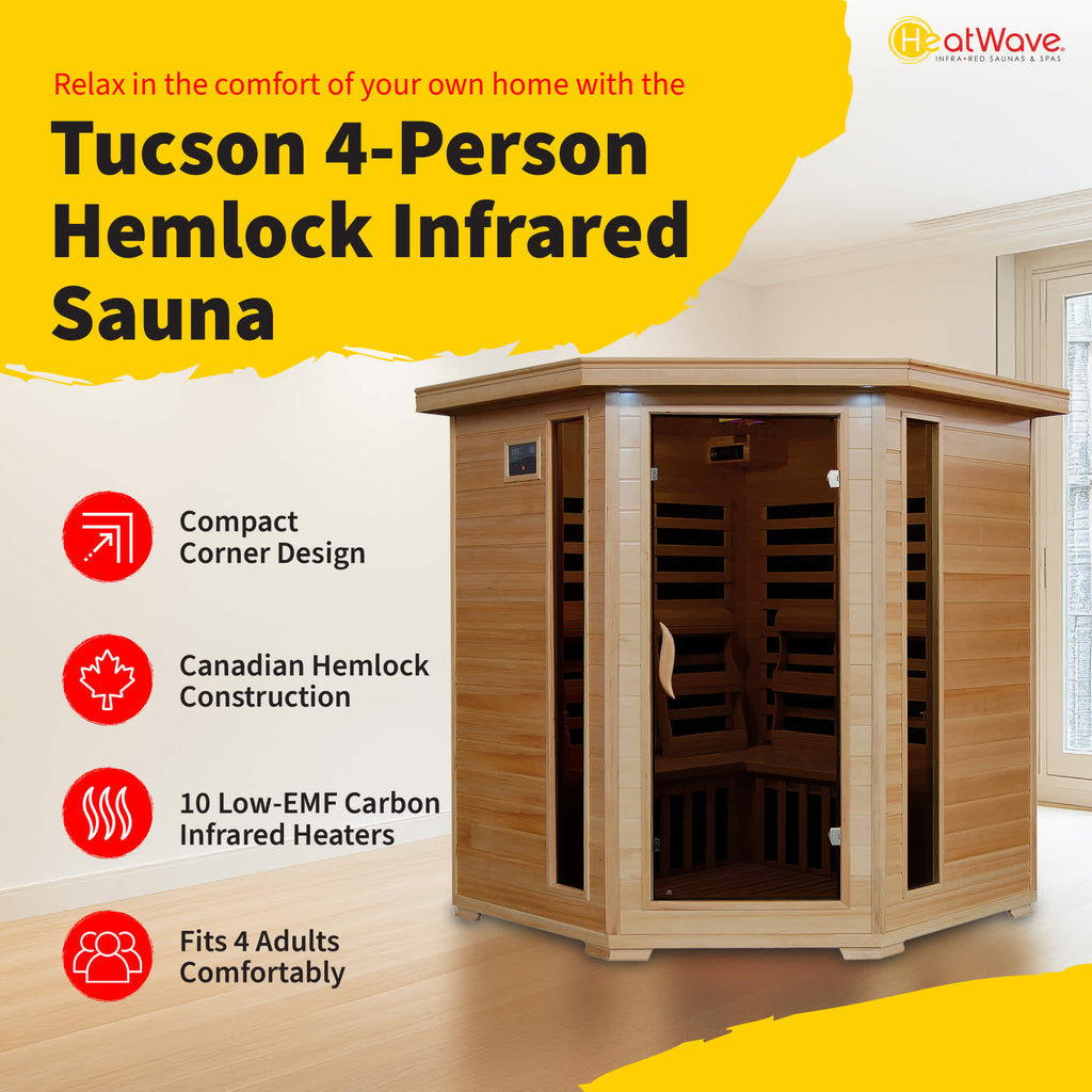 Tucson 4-Person Hemlock Corner Infrared Sauna w/ 10 Carbon Heaters