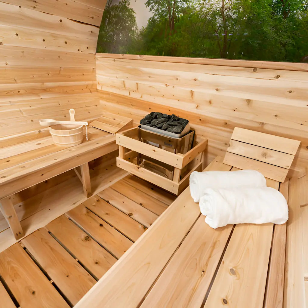 Dundalk - Canadian Timber Serenity MP Outdoor Barrel Sauna - Interior with Harvia Heater