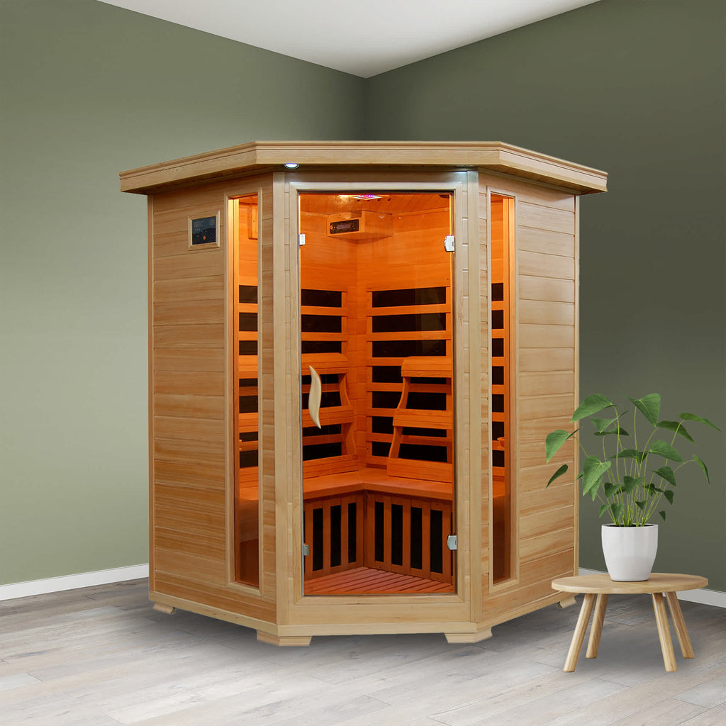 Santa Fe 3-Person Hemlock Corner Infrared Sauna w/ 7 Carbon Heaters