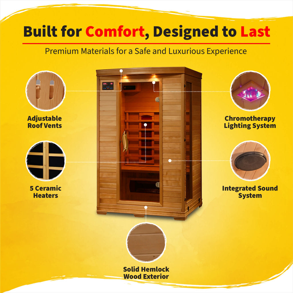 Coronado 2-Person Hemlock Deluxe Infrared Sauna w/ 5 Ceramic Heaters