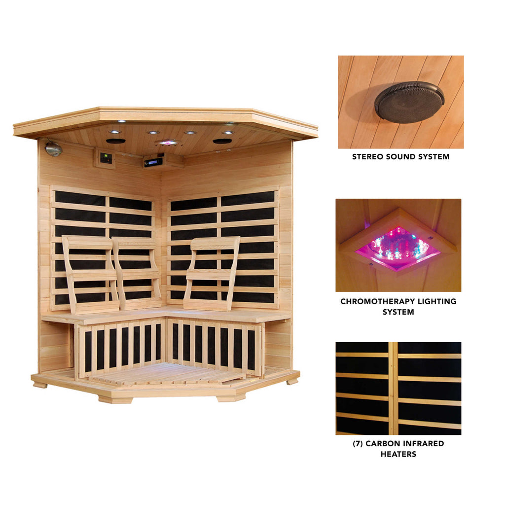 Santa Fe 3-Person Hemlock Corner Infrared Sauna w/ 7 Carbon Heaters