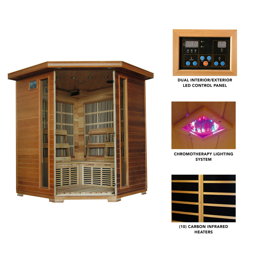 Whistler 4-Person Cedar Corner Infrared Sauna w/ 10 Carbon Heaters