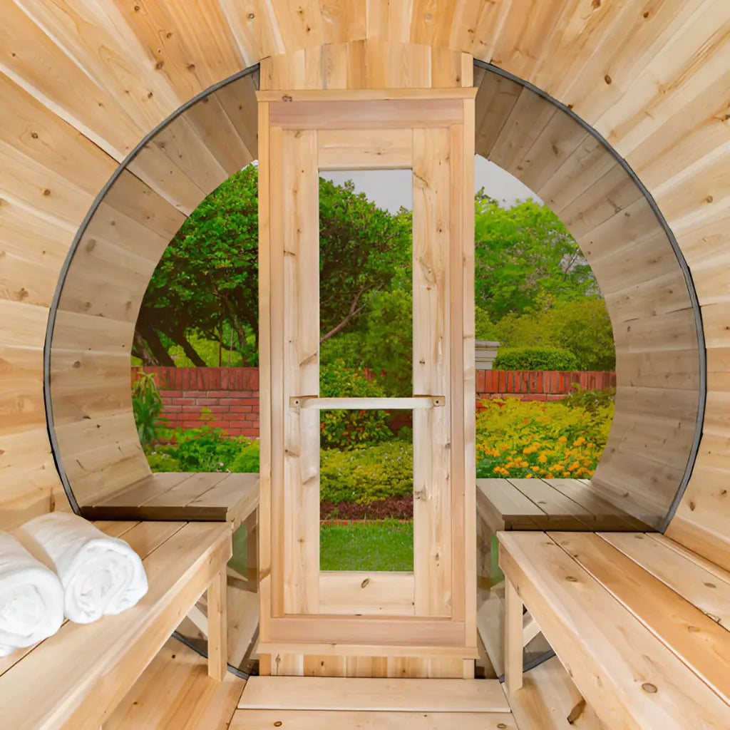 Dundalk - Canadian Timber Serenity MP Outdoor Barrel Sauna - Half Moon Windows