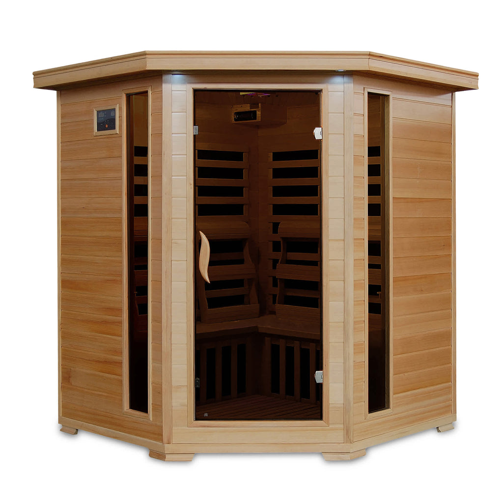 Tucson 4-Person Hemlock Corner Infrared Sauna w/ 10 Carbon Heaters
