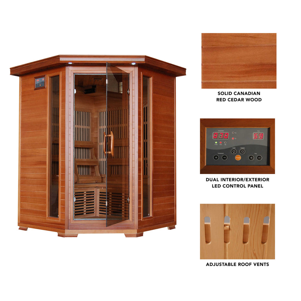 Hudson Bay 3-Person Cedar Corner Infrared Sauna w/ 7 Carbon Heaters