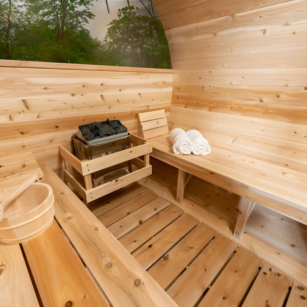 Dundalk - Canadian Timber Serenity MP Outdoor Barrel Sauna - Interior with Accessories