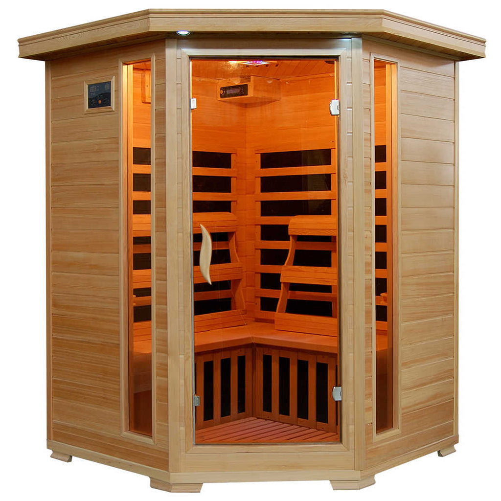Santa Fe 3-Person Hemlock Corner Infrared Sauna w/ 7 Carbon Heaters