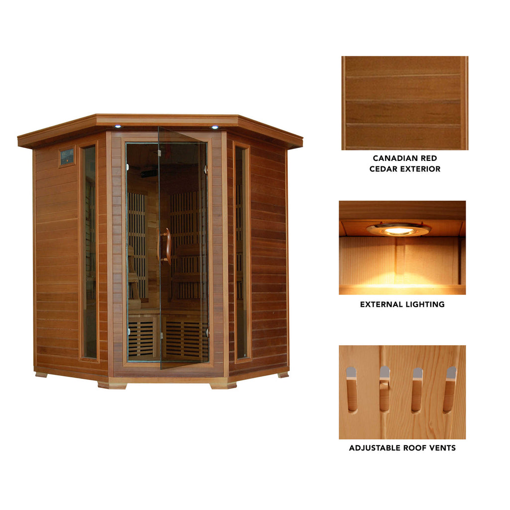 Whistler 4-Person Cedar Corner Infrared Sauna w/ 10 Carbon Heaters