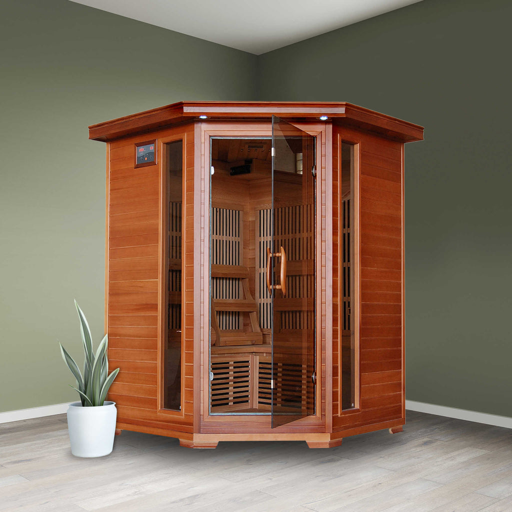 Hudson Bay 3-Person Cedar Corner Infrared Sauna w/ 7 Carbon Heaters